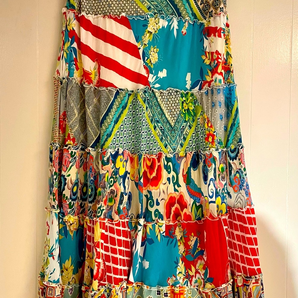 Johnny Was Tiered Multicolored Patchwork Maxi Skirt